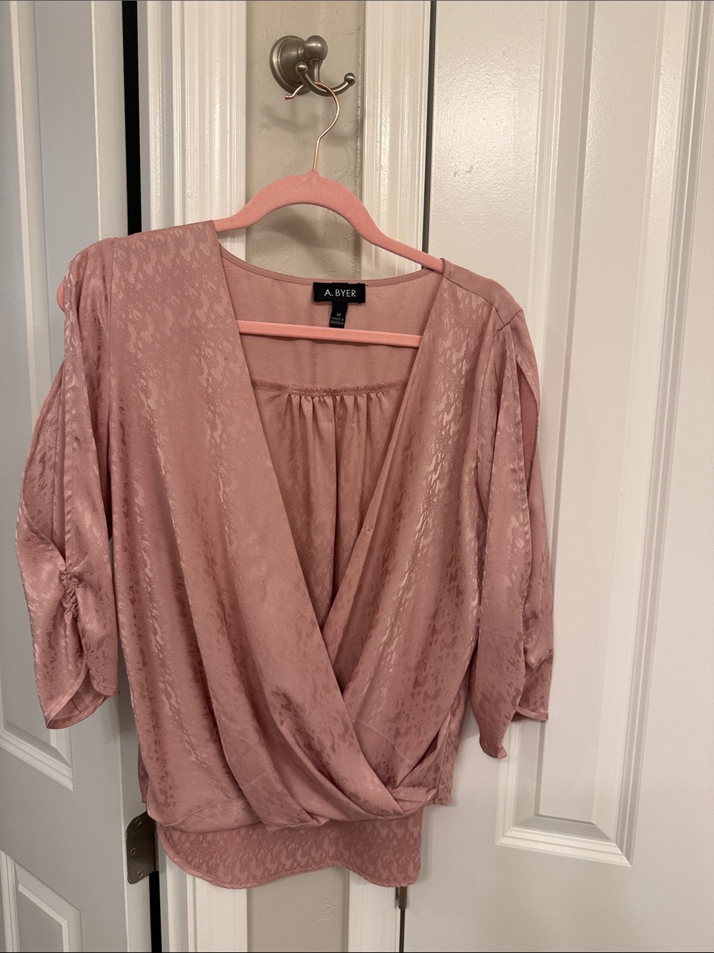 A. Byer Mauve Satin-Look Wrap Blouse